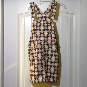 Storia Retro Daisy Checkered Corduroy Overalls Mini Dress Brown/Green Sz. Small